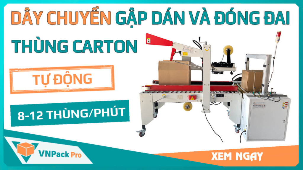 dây chuyền gập dán và đóng đai thùng carton tự động