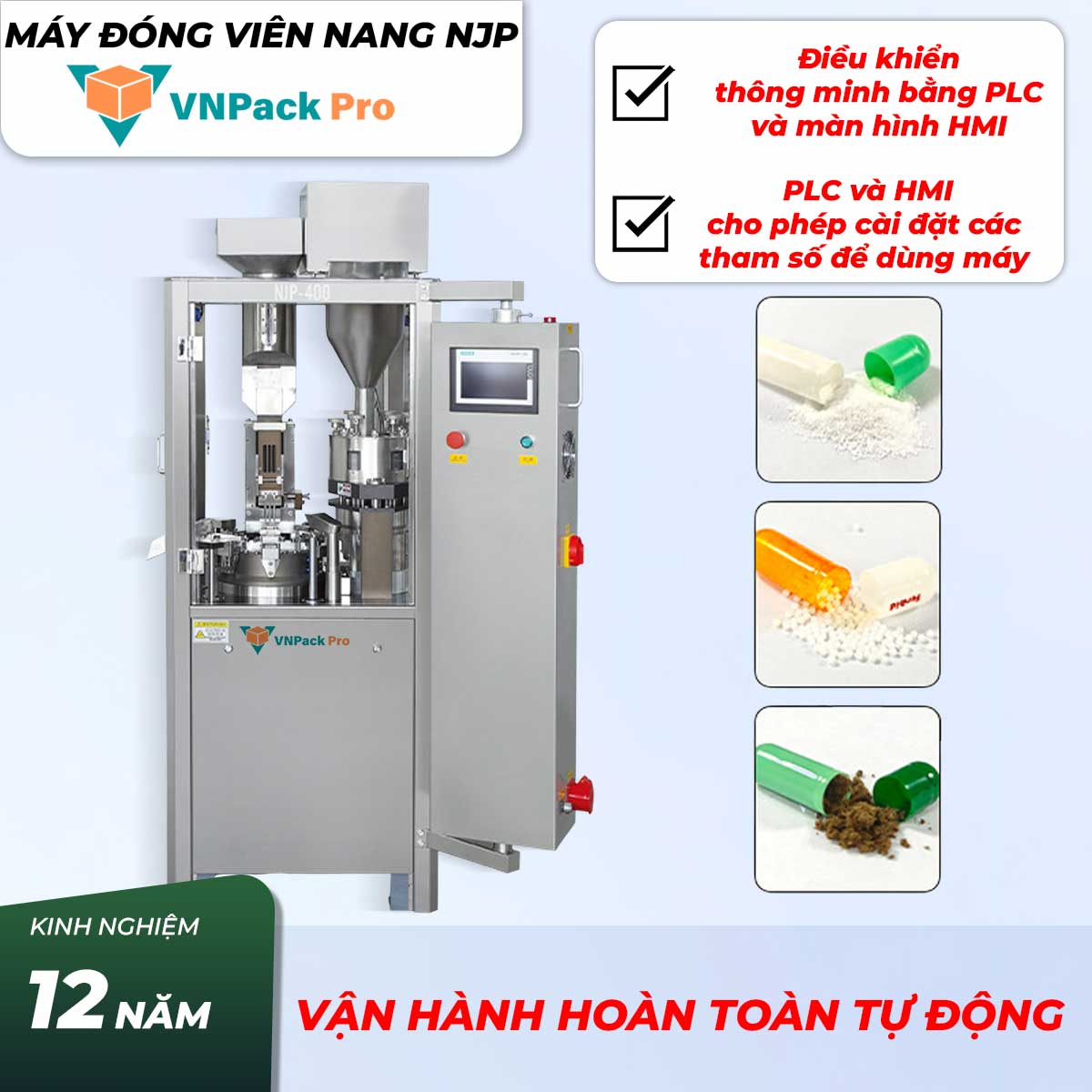 Máy đóng viên nang NJP, quy trình làm việc tự động, vận hành dễ dàng và thông mình với PLC và màn hình cảm ứng HMI
