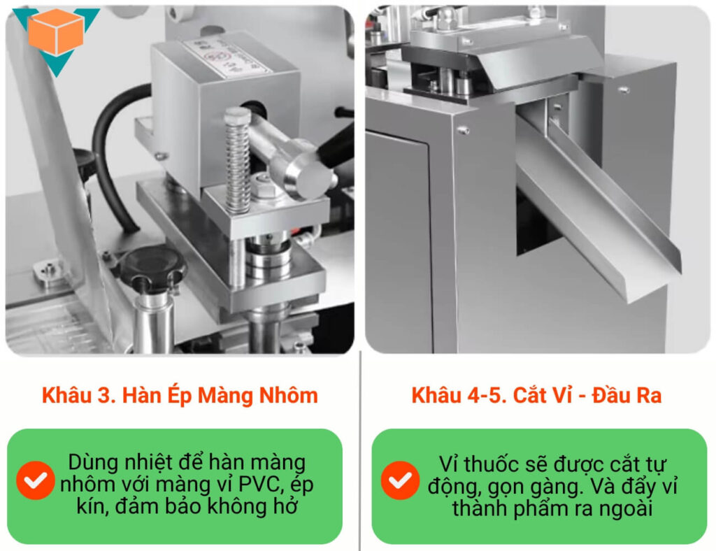 Công đoạn hàn ép màng nhôm và cắt vỉ cho ra vỉ thuốc thành phẩm của máy ép vỉ thuốc DPP-80