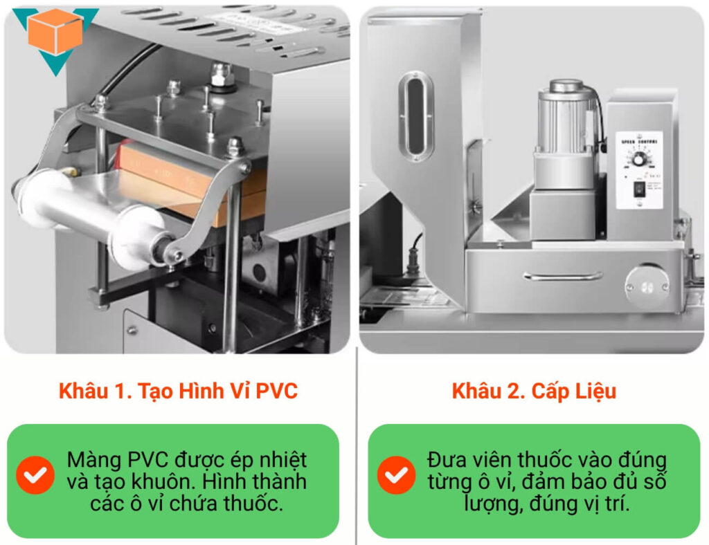 Công đoạn tạo hình vỉ và cấp liệu của máy ép vỉ thuốc DPP-80