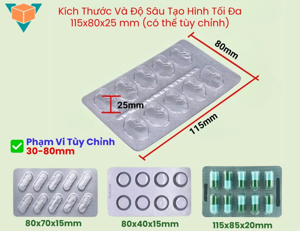 Kích thước và độ sâu ủa khuôn tạo hình cửa máy ép vỉ thuốc DPP-80