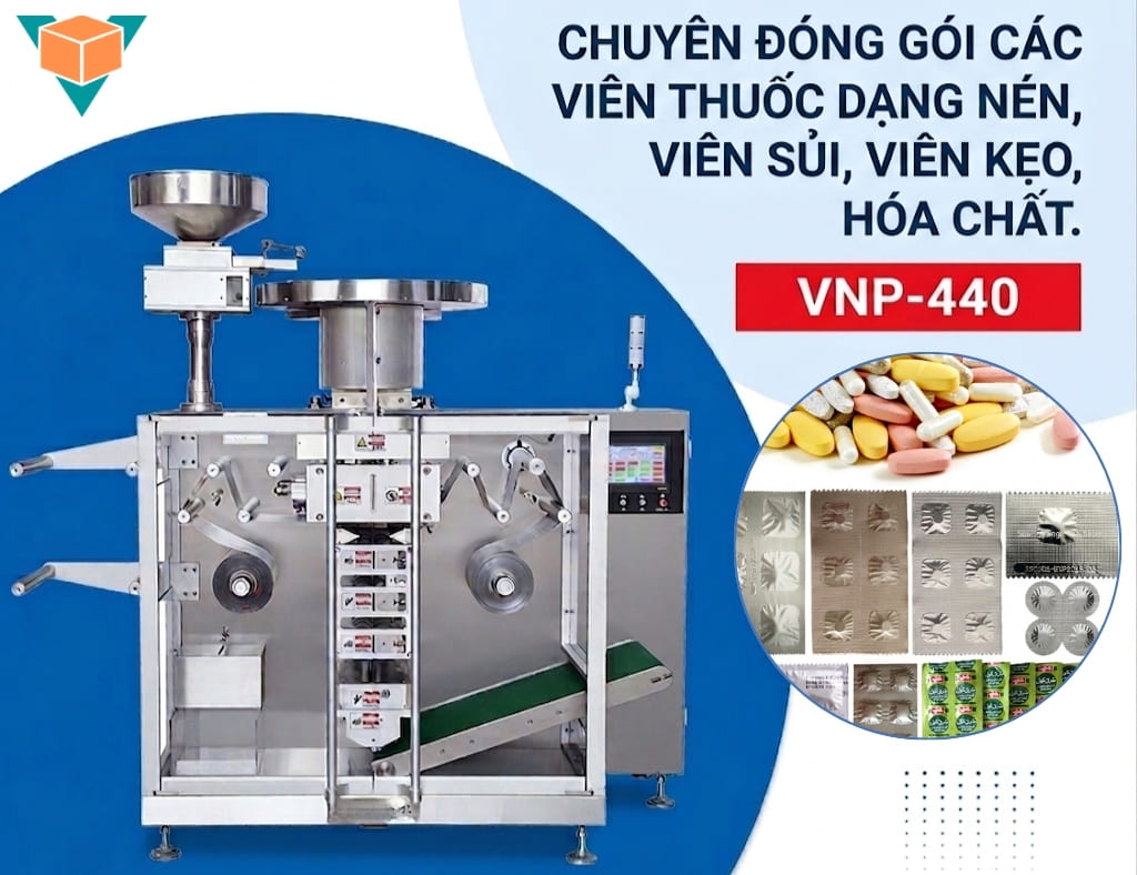 Máy ép vỉ xé VNP-440 ứng dụng đóng gói viên nén thuốc tây, viên sủi, kẹo, hóa chất,..