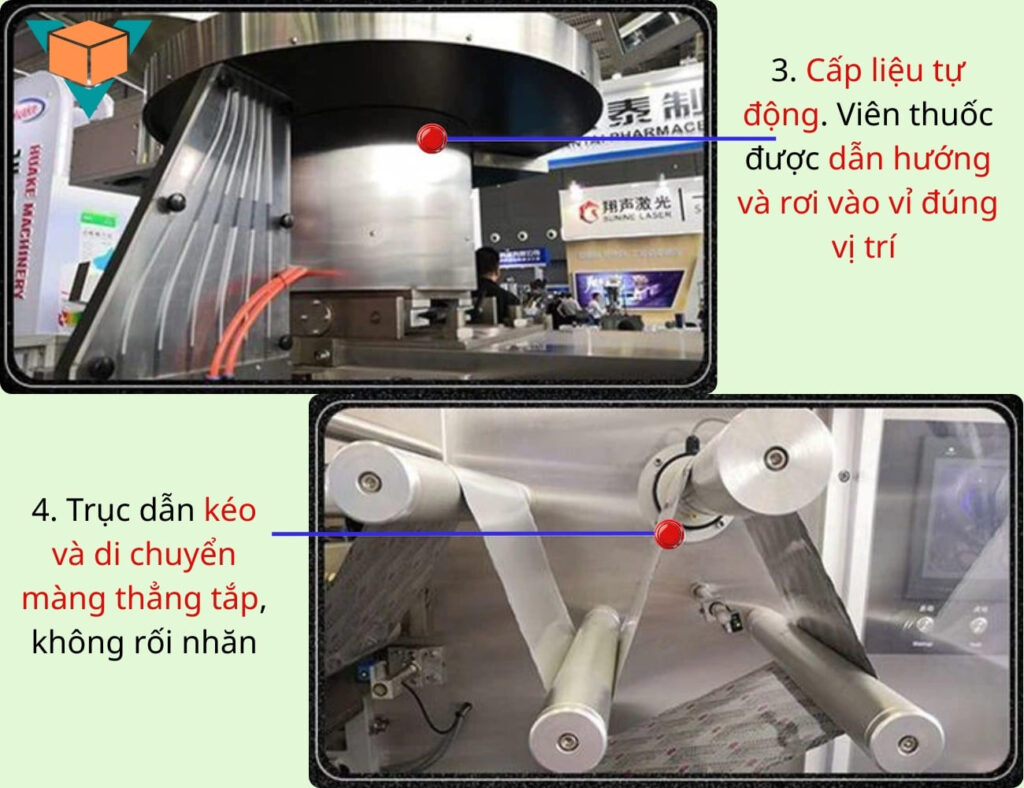 Phễu cấp liệu và trục dẫn màng của máy ép vỉ xé VNP-440
