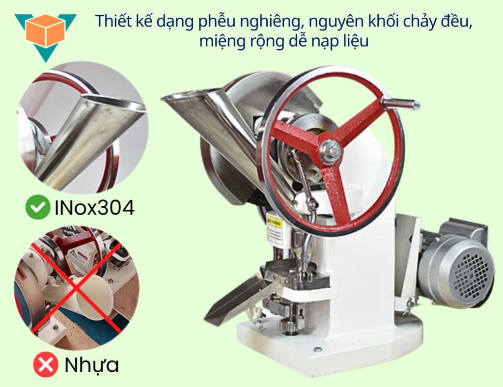 Máy dập viên nén 1 chày trang bị phễu nạp liệu miệng rộng, dễ nạp nguyên liệu trong quá trình vận hành