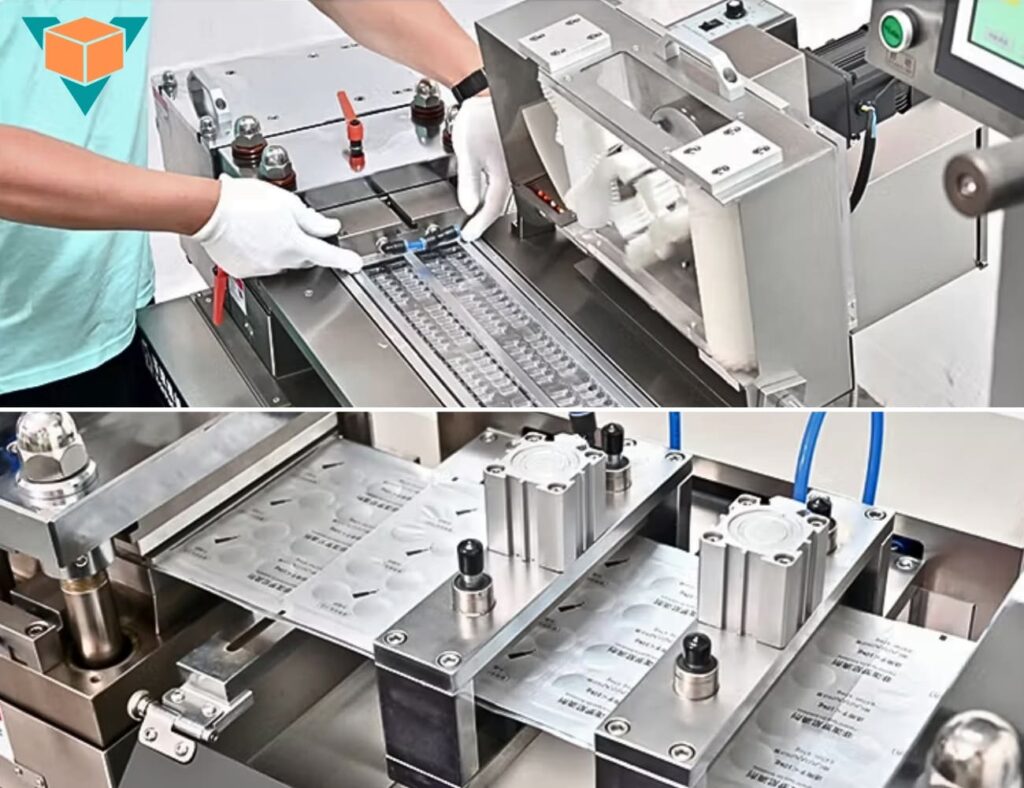 Tạo hình vỉ và hàn ép màng nhôm mặt sau cho vỉ thuốc của máy ép vỉ thuốc DPP-180Pro
