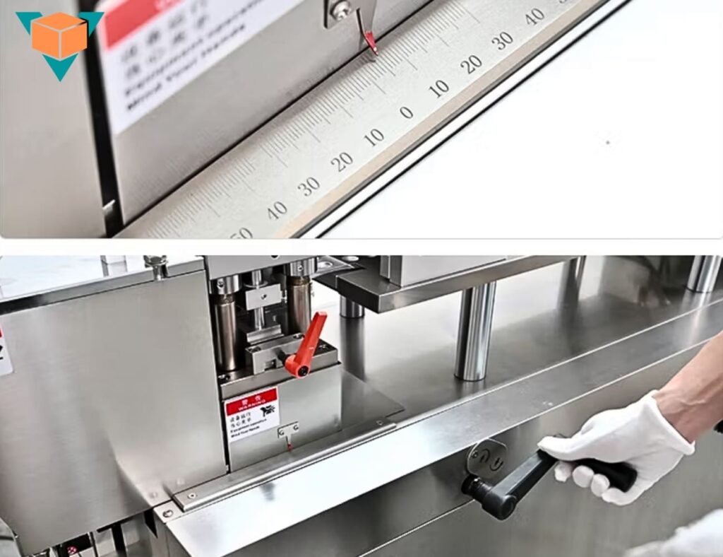 Thước đo vỉ và điều chỉnh bằng tay quay của máy ép vỉ DPP-180Pro
