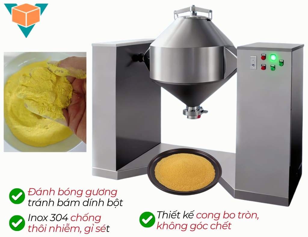 Máy trộn bột nón kép thiết kế bồn trộn dạng cong không góc chết