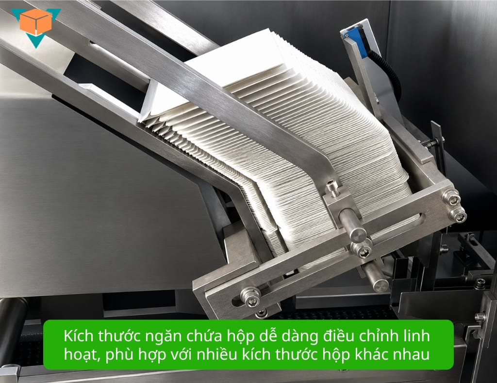 Máy đóng hộp VMP-120 có ngăn chứa họp điều chỉnh được kích thước tương ứng với kích thước hộp