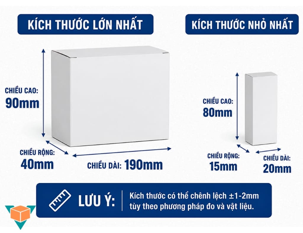 Kích thước hộp đóng gói lớn nhất và nhỏ nhất của máy đóng hộp VNP-120